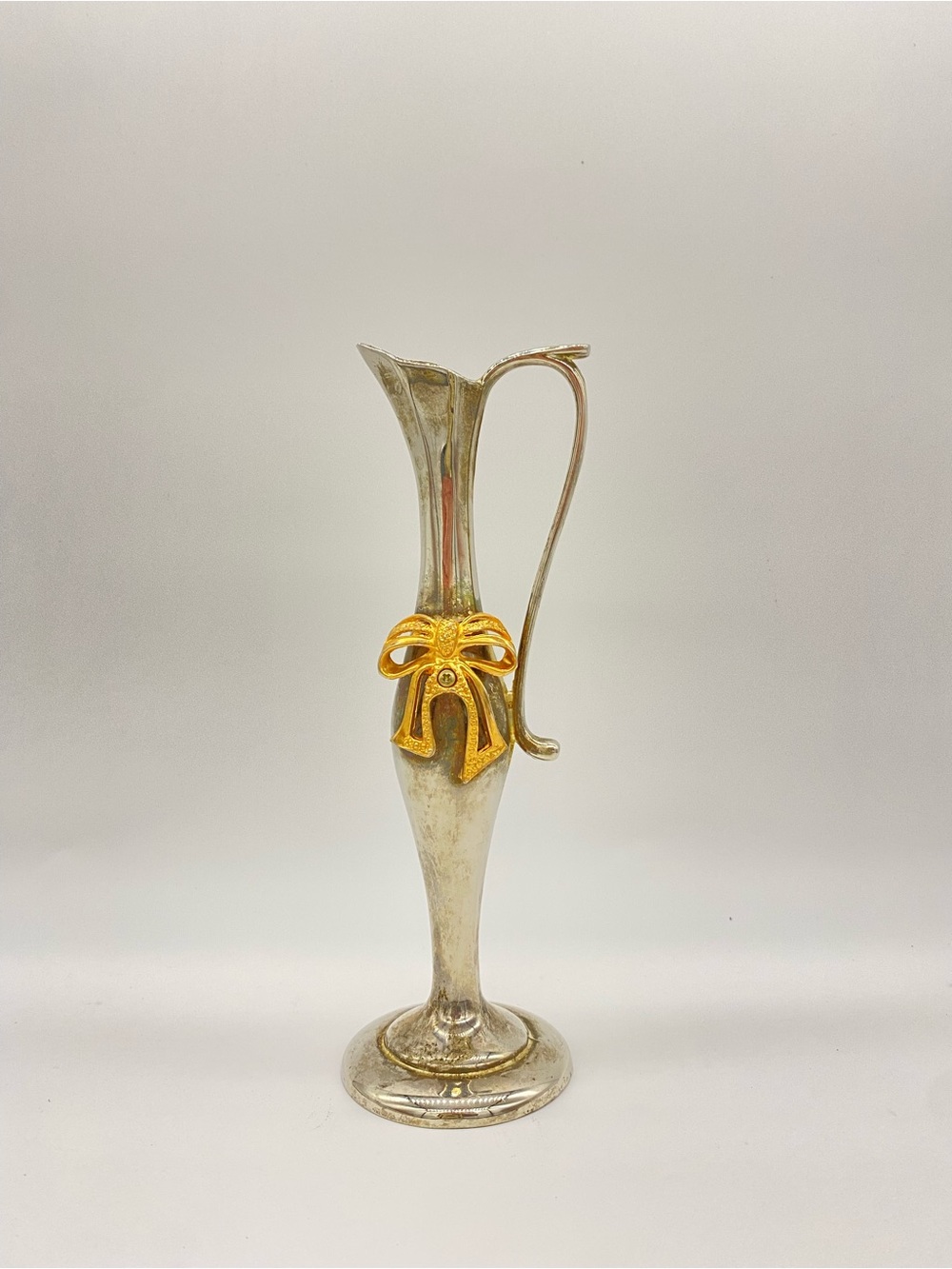 Silver Plated Brass Bud Vase with Gold Tone Bow Accent